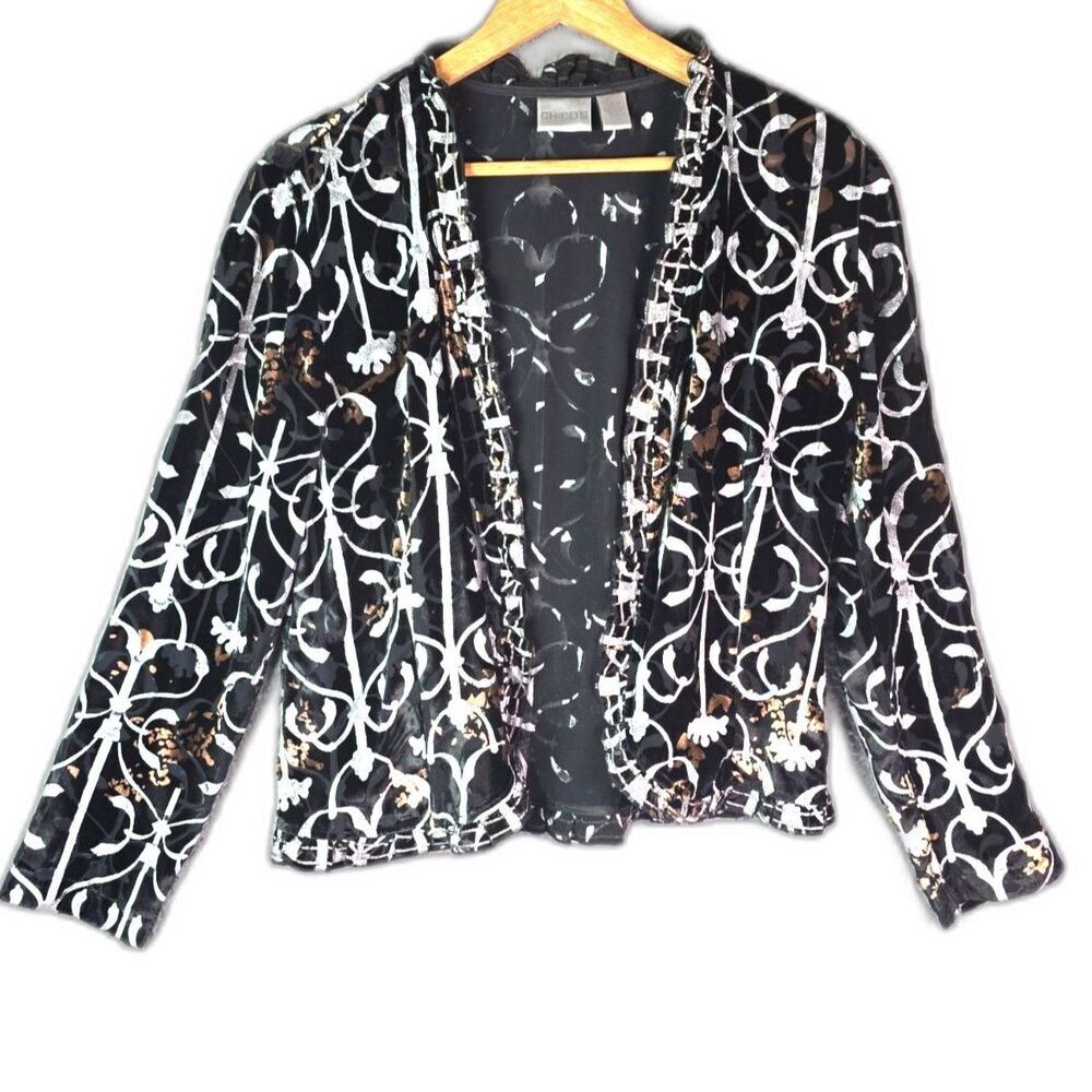 Chicos Burnout Velvet Topper 1 Black Silver Gold Art to Wear Open Front Boho